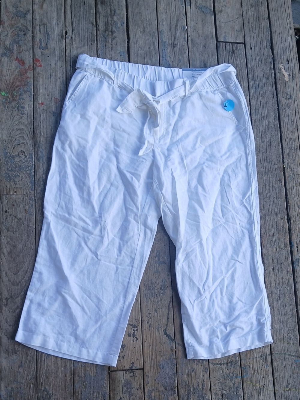 NWT Liz Claiborne Linen Blend Wide Leg White Drawstring Capri Pants Size Large